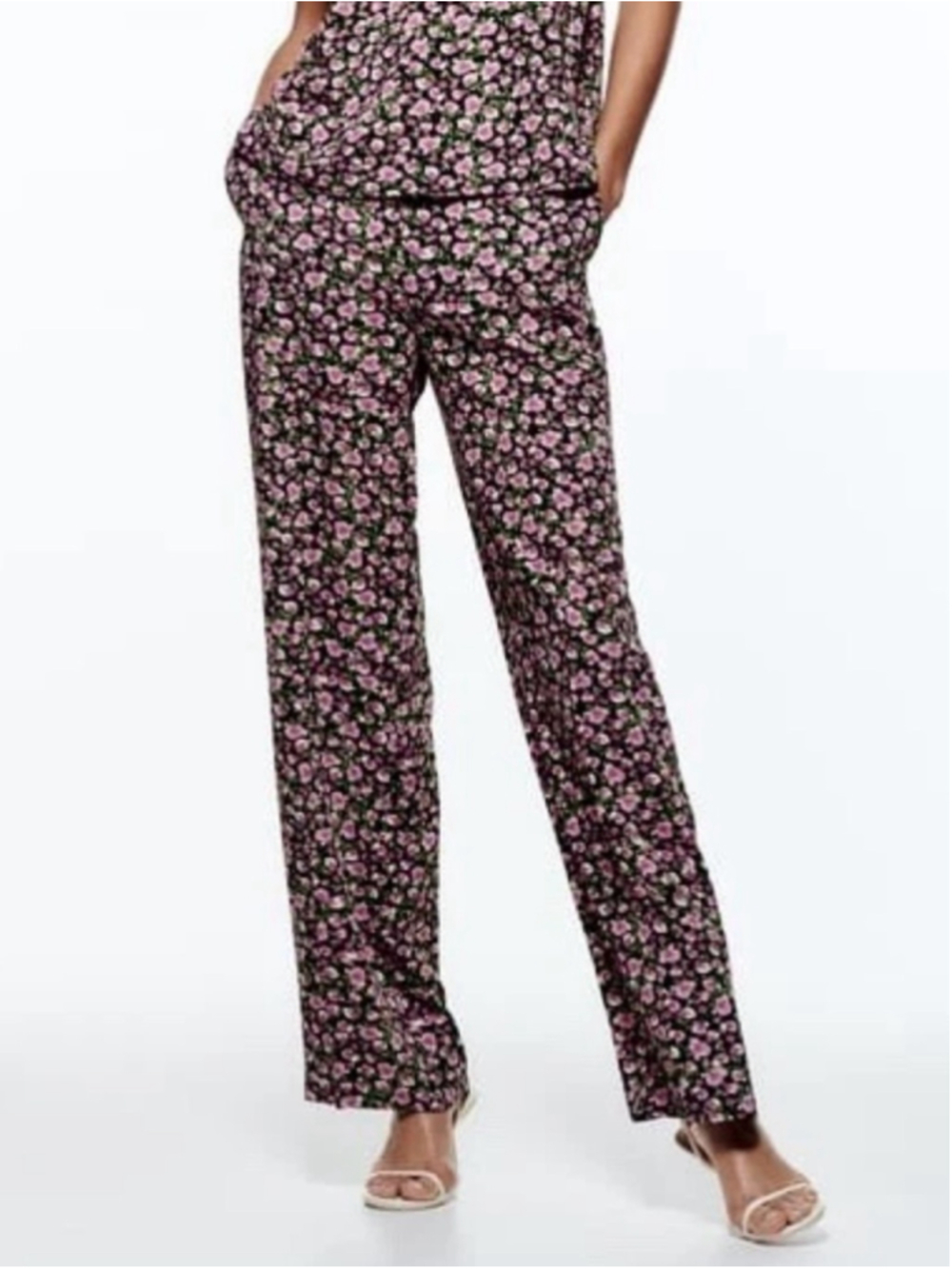 Zara Floral Print Wide Leg Pant Size Small Black Pink Green